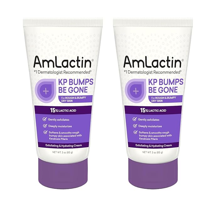 AmLactin KP Bumps Be Gone - 3 oz Keratosis Pilaris Moisturizing Cream with 15% Lactic Acid - Exfoliator and Moisturizer for Dry, Rough and Bumpy Skin, Pack of 2 (Packaging May Vary)