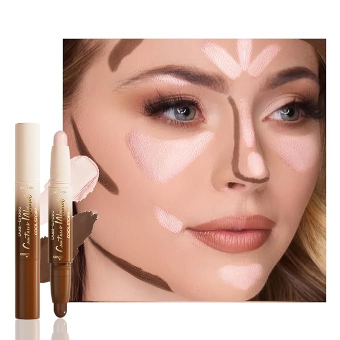 Dual-Ended 2-in-1 Cream Contour & Highlighter Stick Makeup For Face & Body – Waterproof, Long-Lasting, Suitable for All Skin Tones, 03#Darker Nude + Light Pink