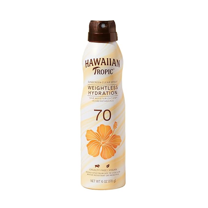 Hawaiian Tropic Weightless Hydration Clear Spray Sunscreen SPF 70, 6oz | Hawaiian Tropic Sunscreen SPF 70, Sunblock, Oxybenzone Free Sunscreen, Spray On Sunscreen, Body Sunscreen Spray, 6oz