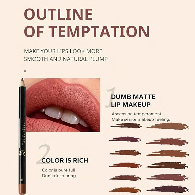 MAEPEOR Matte Lip Liner 12 PCS Nude Brown Series Highly Pigmented and Smoothly Velvet Lipliner Pencil Set Long Lasting and Waterproof Durable Lip Liners (12PCS-4)