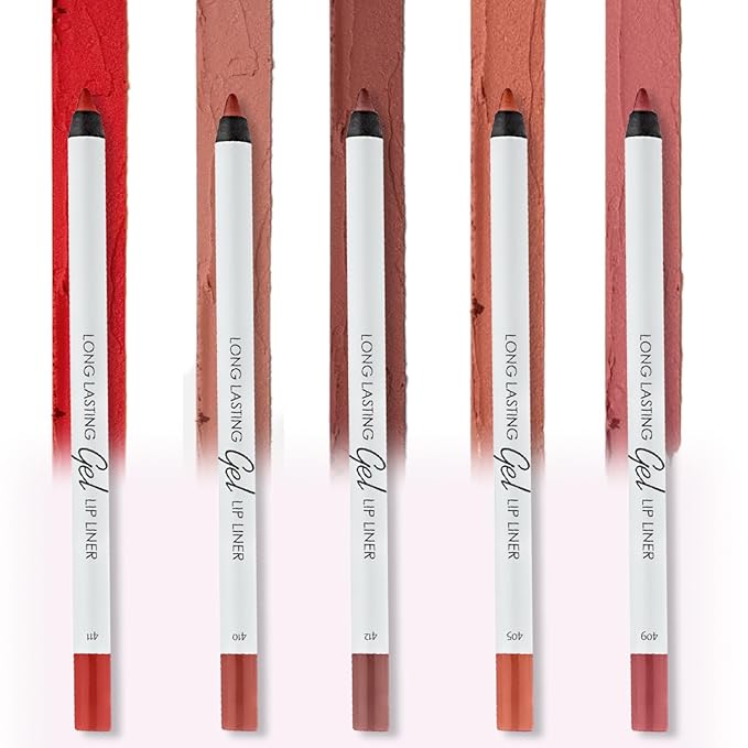 Matte Gel Lip Liner Pencil 5 Pcs Set - Creamy, Sharpenable, Longwear, Waterproof Lip Combo - Nude Pink 407, Nude 409, Red 411, Mauve 410 and 412