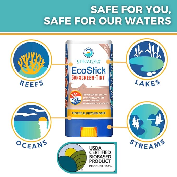 STREAM2SEA EcoStick SPF 35 Mineral Sunscreen Stick, Sweat Water Resistant Sunblock, USDA Approved Biodegradable Paraben Free Reef Safe Sunscreen Protection Against UVA UVB (EcoStick Tint) - 0.5 oz