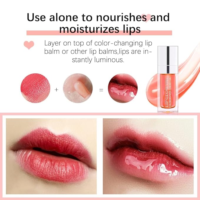 Hydrating Lip Glow Oil, Plumping Lip Gloss, Moisturizing Lip Oil Gloss, Transparent Moisturizing Lip Balm, Natural Lip Plumper, Lip Plumper Gloss Make Lips Fuller and Moisturizing (2pcs Cherry)