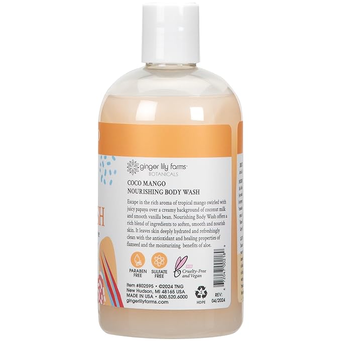 Ginger Lily Farms Botanicals Nourishing Body Wash, Coco Mango, 100% Vegan & Cruelty-Free, Coconut Mango Scent, 12 Fl Oz (Pack of 6)