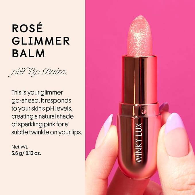 Winky Lux Glimmer Balm, pH Lip Balm, Color Changing Lipstick and Tinted Lip Balm, Vegan & Cruelty Free, Hydrate & Plump, Pink Shimmer Lipstick, Rose