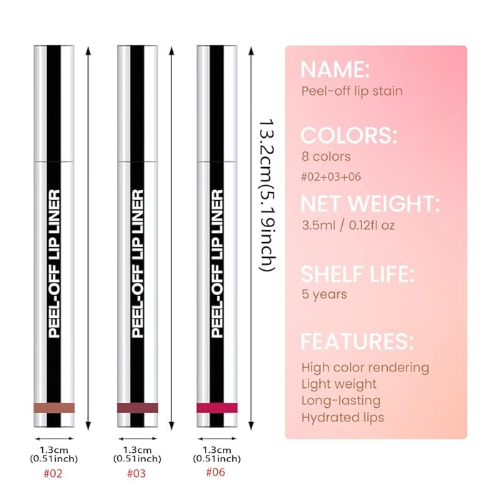 3 Pcs Matte Liquid Lip Stain Peel Off Lip Liner, Long Lasting Lip Tattoo, Waterproof & Transfer-Proof Lip Liner Peel Off Lip Gloss for All Skin Types. #02+#03#06