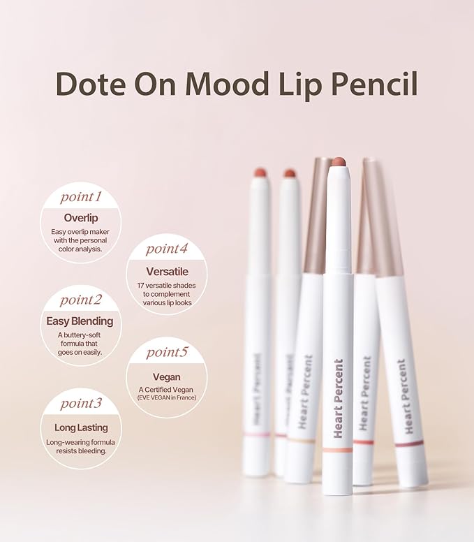 Heart Percent Dote On Mood Lip Pencil, Long-Lasting Creamy Lip Crayon Smooth Color Liner Retractable Lipstick Pencil 0.8g, #12. Caramel Beige