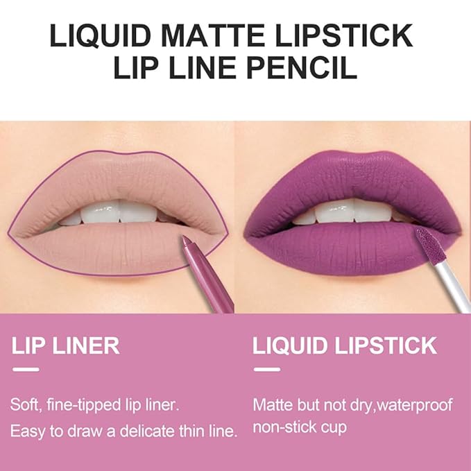 evpct 2Pcs Voilet Matte Lip Liner and Lipstick Pencils Lip Gloss Stains Makeup Set Kit for Women Long Lasting Waterproof 24