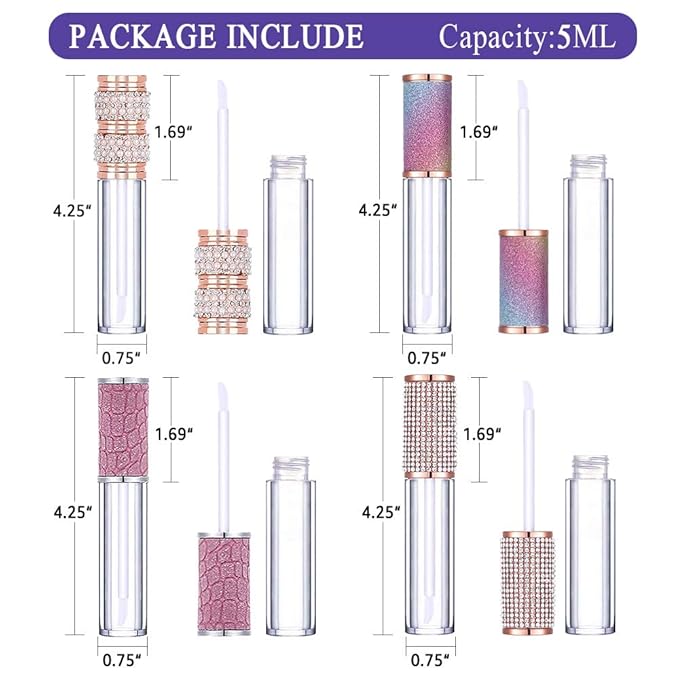 AMORIX 20 Pack Diamond Lip Gloss Tubes with Wand 5ml Empty Rhinestone Cute Lipgloss Bottles/Containers Crystal Lip Gloss Supplies Kit + 2pcs Syringes + Labels for DIY Lip Gloss Base