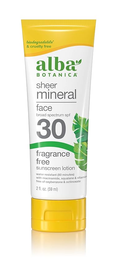 Alba Botanica Sunscreen for Face, Fragrance-Free Sheer Mineral Face Sunscreen Lotion, Broad Spectrum SPF 30, Water Resistant and Biodegradable, 2 fl. oz. Bottle