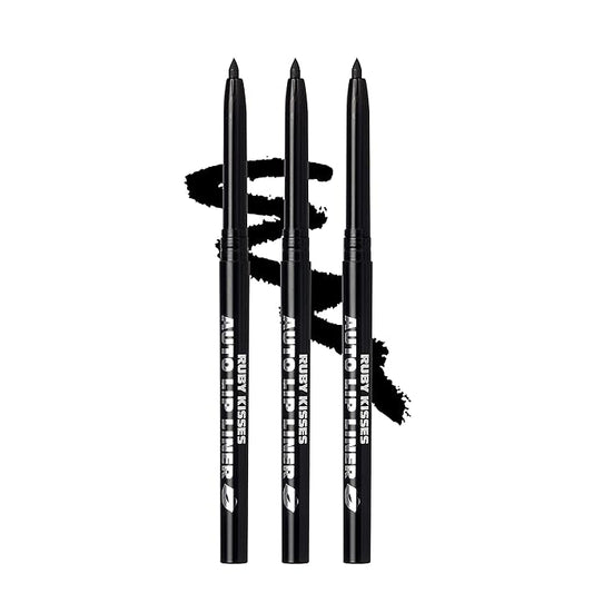 Ruby Kisses Auto Lip Liner Pencil (Black 3 Pack), Long Lasting & Non-Fading, Smooth Application, Non-Feathering with Rich Pigmented Color, No Sharpener Needed, Ideal for Full Lips Look