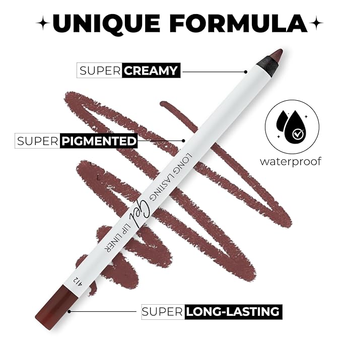 Matte Gel Lip Liner Pencil 5 Pcs Set - Creamy, Sharpenable, Longwear, Waterproof Lip Combo - Intense Brown 414, Berry 404, Chilli 413, Mauve 410 and Spicy Nude 412