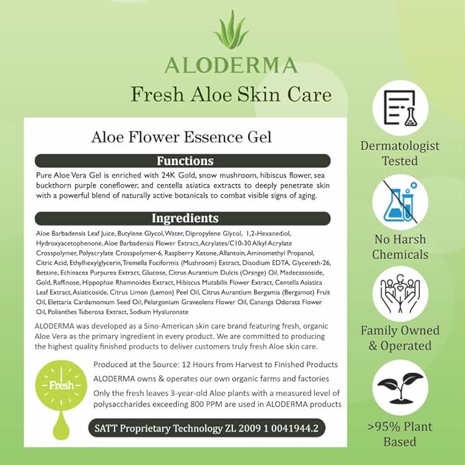 Aloderma Age-Defying Aloe Flower Essence Gel with 24K Gold Leaf, Made within 12 Hours of Harvest - Luxurious Aloe Gel with Allantoin & Hyaluronic Acid for a Shimmering, Youthful Complexion, 7oz 3-Pack