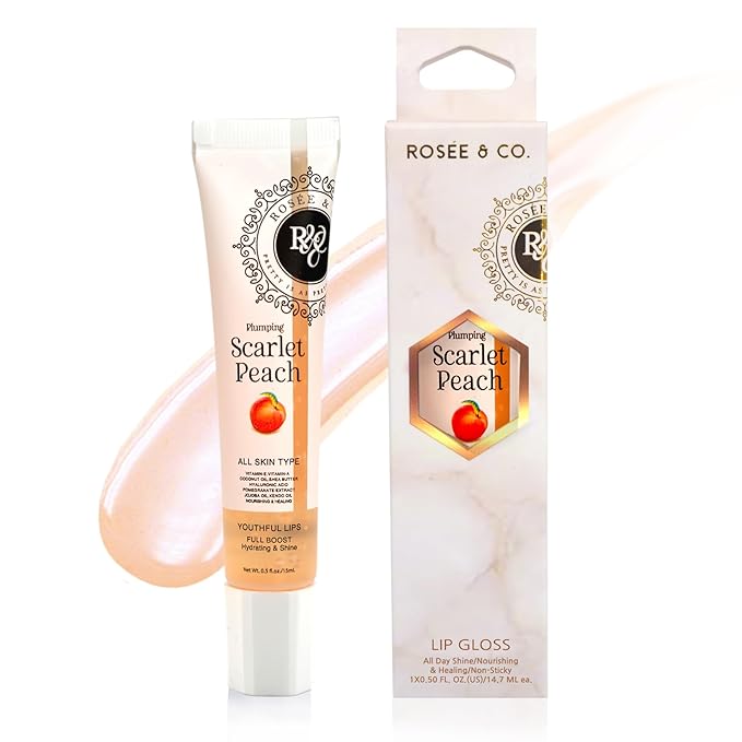ROSÉE & CO Rosee Lip Gloss Vegan & Cruelty Free Treatment, Professional Make up, Long Lasting Glossy with Shea Butter, Moisturize, Protect & Smooth, High Shine, Non-Sticky (m. Scarlet Peach, 0.5)