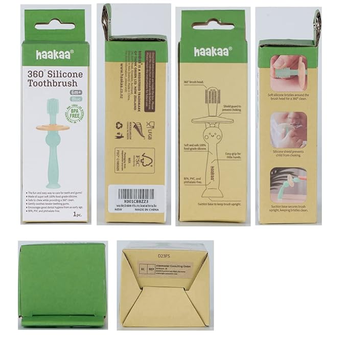 haakaa 360° Baby Toothbrush with Suction Base - Gentle Cleaning for Toddler's Self-Brushing Training, Food-Grade Silicone, Adjustable Safety Shield - Blue (1 Piece)