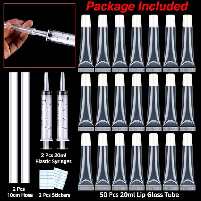 AMORIX 50PCS Lip Gloss Tubes 20ml White Cap Lip Gloss Containers Empty Refillable Cosmetic Squeeze Lipgloss Tubes + 2 x 20ml Syringes Tag Labels for DIY Lip Gloss Base Glitter