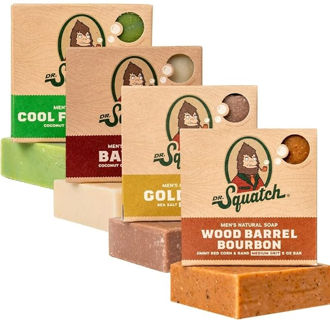 Dr. Squatch Natural Bar Soap for Men - Cold Process Soap with No Harsh Chemicals - Wood Barrel Bourbon, Gold Moss, Bay Rum & Cool Fresh Aloe (5 oz, 4-Pack)