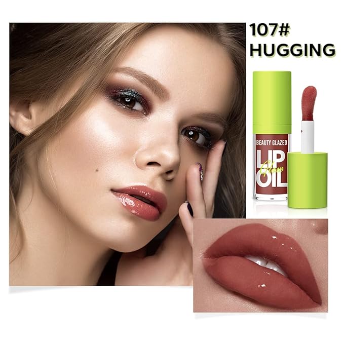 Beauty Glazed Big Brush Head Lip Oil, Ultra-Hydrating & Nourishing, Smooth Glossy Finish Lip Glow Oil, Shiny and Vegan Tinted Lip Gloss, Non-Sticky Formula (4, 101# 102# 105# 107#)