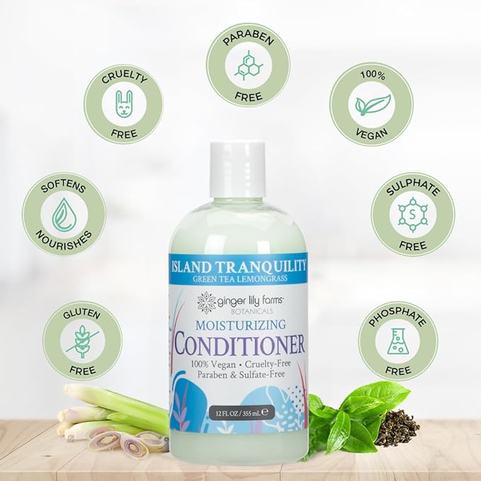 Ginger Lily Farms Botanicals Moisturizing Conditioner for Dry Hair, Island Tranquility, 100% Vegan & Cruelty-Free, Green Tea Lemongrass Scent, 12 Fl Oz