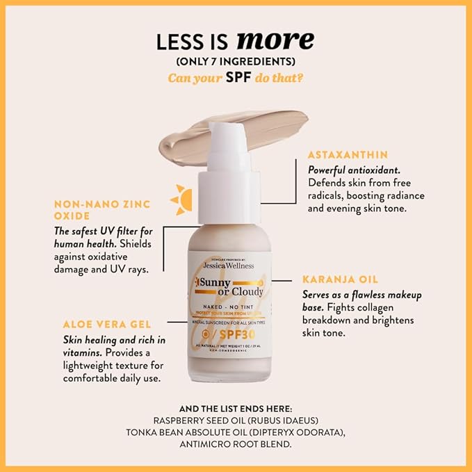 Jessica Wellness Mineral Sunscreen + Hydrating Serum with Broad Spectrum SPF 30 & Antioxidants, Oil-Free, Fragrance Free, Non-Nano Zinc Oxide. 1 oz (Clear)