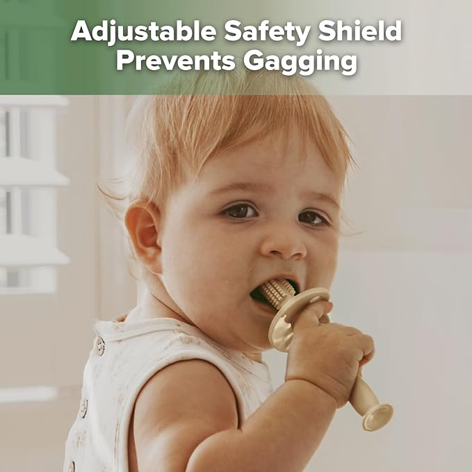 haakaa 360° Baby Toothbrush with Suction Base - Gentle Cleaning for Infant Self-Brushing Training, Food-Grade Silicone, Adjustable Safety Shield - Cream (1 Piece)