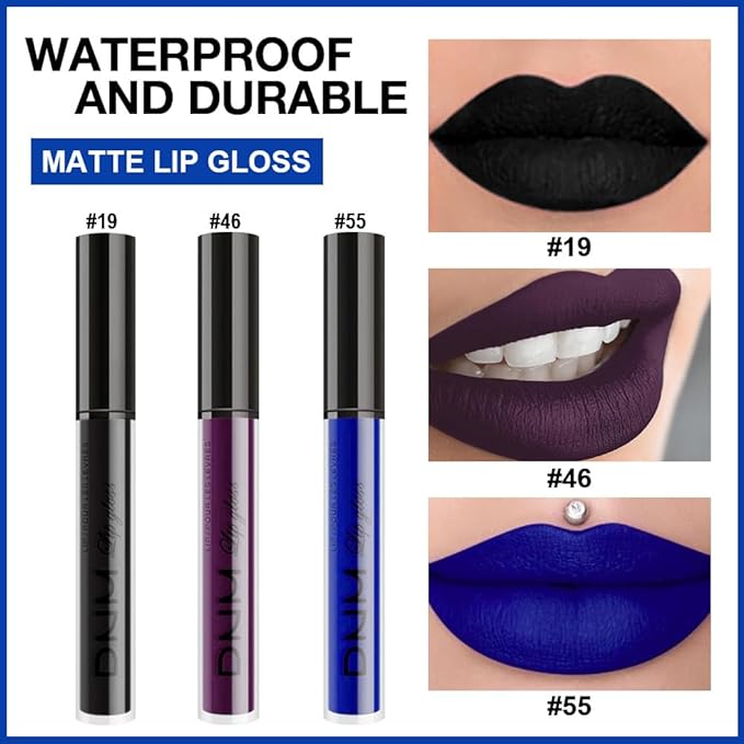 evpct 3Pcs Dark Purple Black Royal Blue Matte Liquid Lipstick Lip Stain Sets for Women Matte+Lipstick Long Lasting Waterproof Permanent 24 hr Hours Magic Lipstick 24 Hours original, Set27