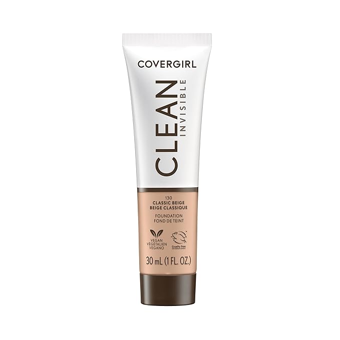 COVERGIRL Clean Invisible Foundation Makeup, Dewy & Glowy Natural Finish, Buildable Coverage, Skin-Like Smooth Look, Vegan, Classic Beige, 1oz