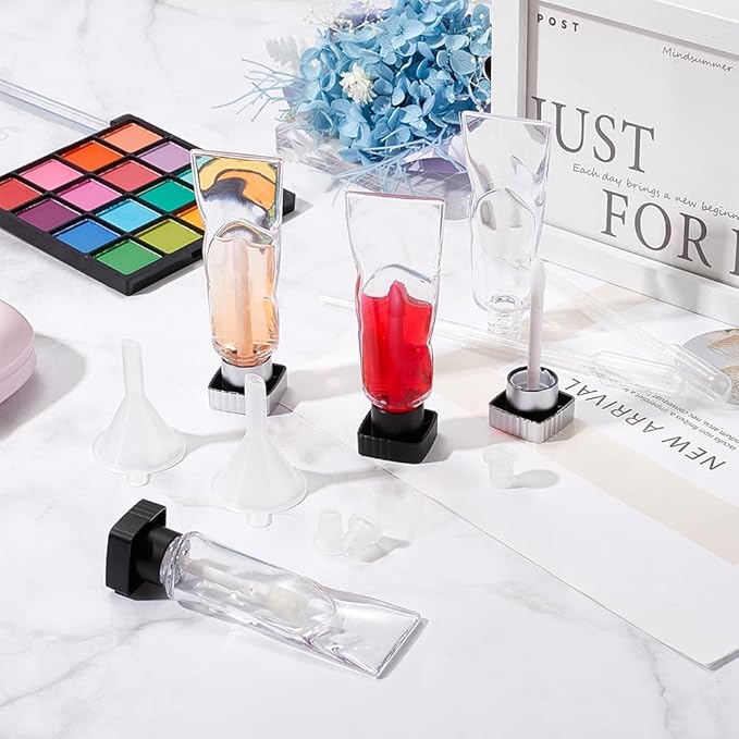GORGECRAFT 4Pcs 4ml Lip Gloss Tubes Empty Refillable Soft Lipgloss Balm Tubes with Brush Glaze Container with Silver Black Square Lid Rubber Inserts Droppers Funnel for Travel Samples DIY Cosmetic
