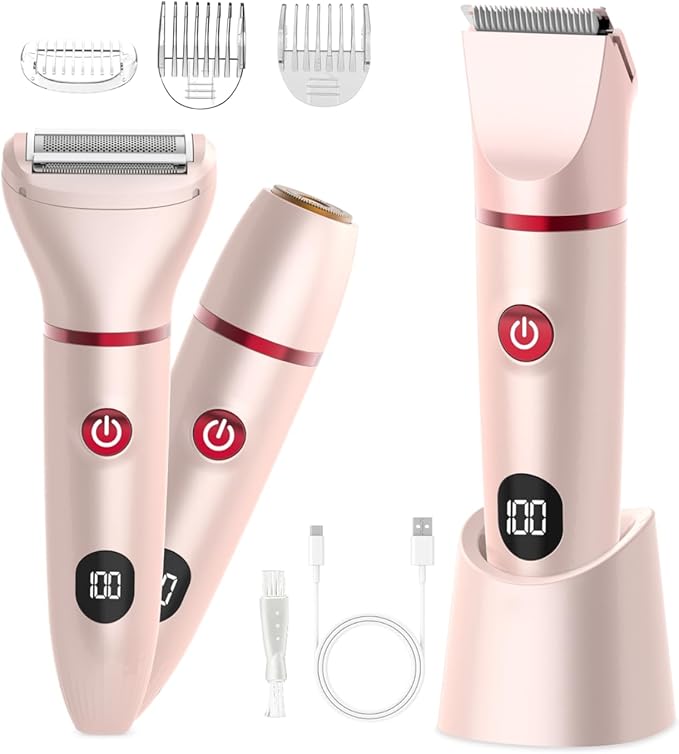 Bikini Trimmer for Women Pubic Hair: 3 in 1 Rechargeable Electric Razors with LED Display, IPX6 Waterproof Shaver for Underarm, Leg, Arm & Body (Pink)