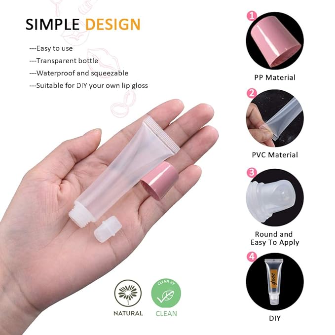 AMORIX 50PCS Lip Gloss Tubes 15ml Pink Cap Lip Gloss Containers Empty Lip Balm Tubes Cosmetic Squeeze Lipgloss Tubes + 2 x 20ml Syringes Tag Labels for DIY Lip Gloss Base