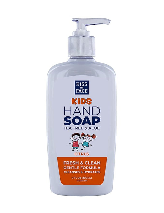 Kiss My Face Kids Hand Soap - Citrus Scent - Cleanse And Hydrate Skin - Vegan & Cruelty-Free - Easy To Use Hand Soap Pump - Added Tea Tree And Aloe - 9 fl oz Bottle