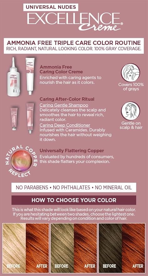 L’Oreal Paris Excellence Universal Nudes Permanent Hair Color, Ammonia Free Hair Dye for Gray Hair Coverage, 7NR Natural Copper, 1 Hair Dye Kit