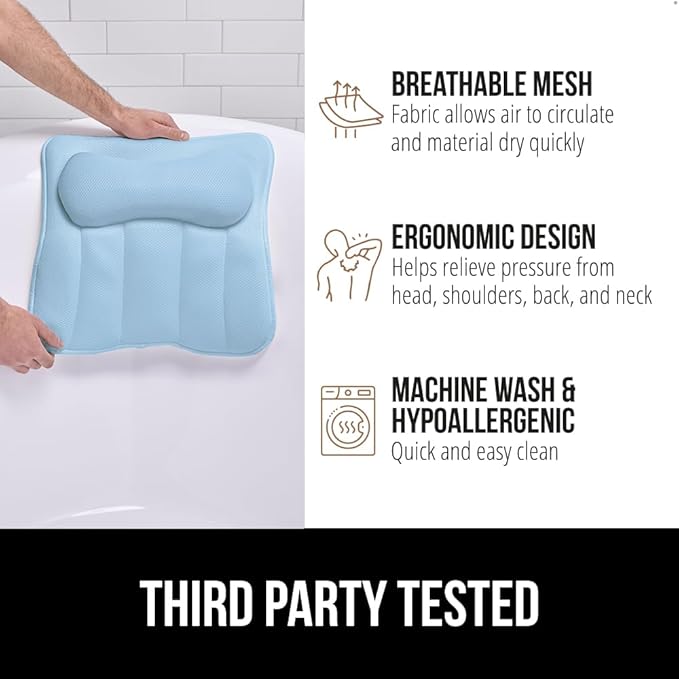 GORILLA GRIP Mesh Bath Pillow for Tub, 6 Powerful Suction Cups, Oversized Headrest with Breathable FlexComfort Technology for Neck, Head, Back Support, Luxury Machine Washable Bathtub Must Haves, Blue