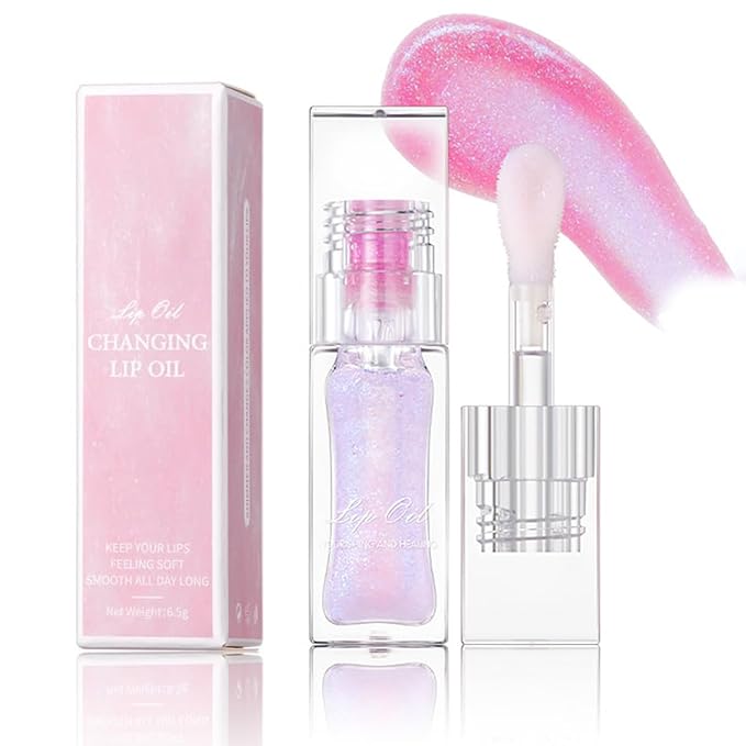 Magic Color Changing Lip Oil Ph, Glitter Lip Gloss, Upgraded Big Brush Head Moisturizing Lip Oil Long Lasting Nourishing Lip Glow Oil Non-Sticky Primer Lip Tint (# 03, 0.3 Oz)