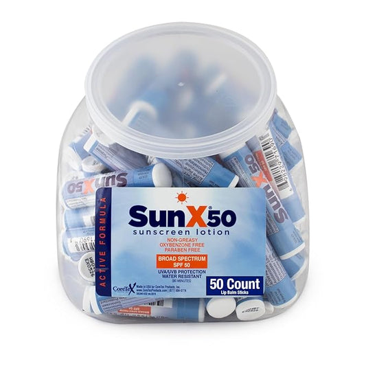 CoreTex Sun X 50 Lip Balm SPF 50 (Pack of 50) - Sunscreen Lip Balm, Water Resistant up to 80 Minutes & Free of Parabens & Oxybenzone - SPF 50 Broad Spectrum (UVA/UVB) Lip Protection