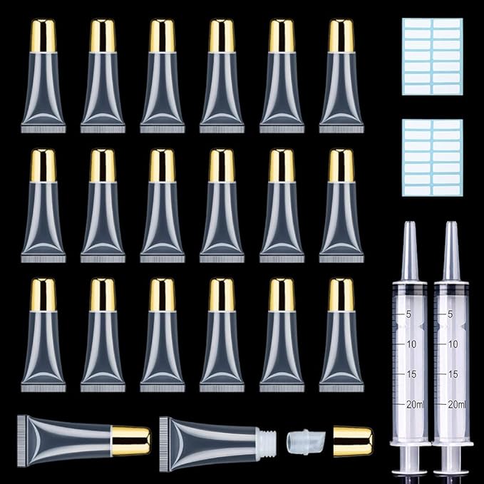 AMORIX 50PCS Lip Gloss Tubes 5ml Gold Cap Lip Gloss Containers Empty Lip Balm Tubes Refillable Squeeze Lipgloss Tubes + 2 x 20ml Syringes Tag Labels for DIY Lip Gloss Base Glitter