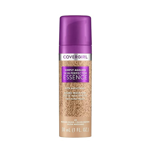 Covergirl Simply Ageless Skin Perfector Essence Foundation, 45 Medium-Olive, Tinted Skincare Makeup Hybrid, Sheer Tint, Radiant Finish, Glowy Finish, Vegan Formula, 1.0oz