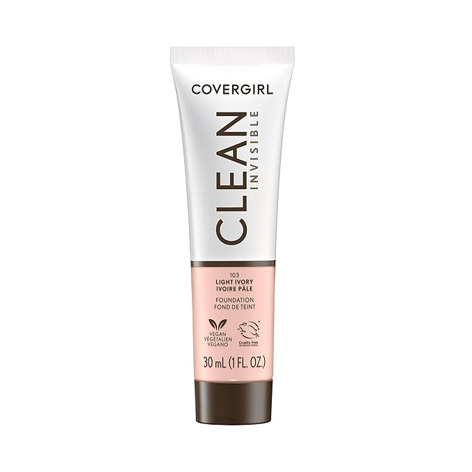 COVERGIRL Clean Invisible Foundation Makeup, Dewy & Glowy Natural Finish, Buildable Coverage, Skin-Like Smooth Look, Vegan, Light Ivory, 1oz