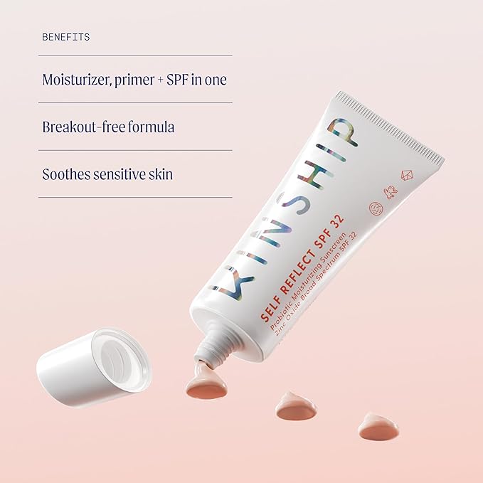 Kinship Self Reflect Probiotic Moisturizing Sunscreen SPF 32 - For Face & Body - Lightweight 100% Mineral SPF for Sensitive Skin - Sheer Zinc Oxide Sunblock - Clean & Reef Safe - Vegan