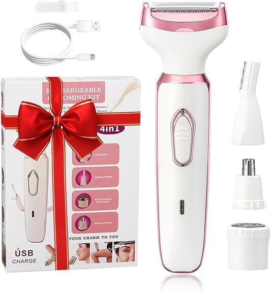 Women's Electric Razor Bikini Trimmer, 4-in-1 Cordless Shaver for Face, Legs, Underarms, Pubic Hair – Wet/Dry Use, Painless Hair Removal