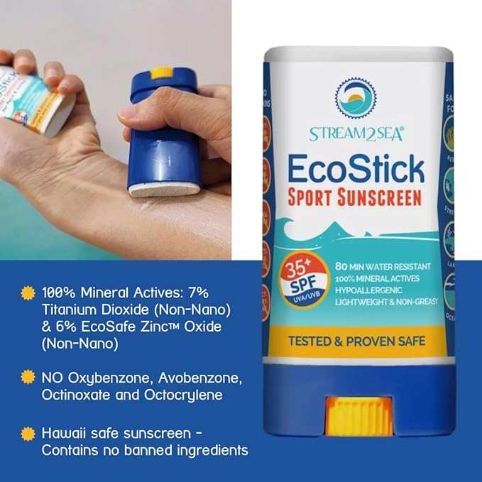 STREAM2SEA EcoStick SPF 35 Mineral Sunscreen Stick, Sweat Water Resistant Sunblock, USDA Approved Biodegradable Paraben Free Reef Safe Sunscreen Protection Against UVA UVB (EcoStick Sport) - 0.5 oz