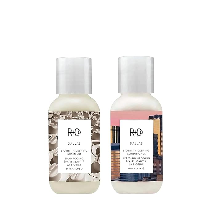 R+Co | Travel Size | Dallas Biotin Shampoo and Conditioner Set | TSA Approved | Weightless Hydration + Strengthens + Enhances Shine | Sulfate-Free + No Parabens | Color Safe | Set of 2
