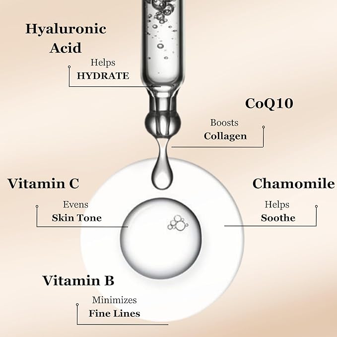 Ultimate Hydration & Anti-Aging Hyaluronic-Acid Facial Serum | with CoQ10, Vitamin B, Vitamin C & Chamomile Extract | Soothing, Plumping & Renewing | For Sensitive Skin | Non greasy 1 fl oz