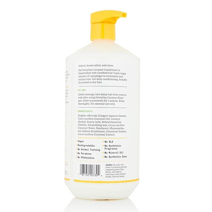 Alaffia EveryDay Coconut Conditioner, Ultra Hydrating Conditioner for Normal to Dry Hair. Made with Fair Trade Coconut Oil and Ginger. Cruelty Free, No Parabens, Vegan, Purely Coconut 32 Fl Oz