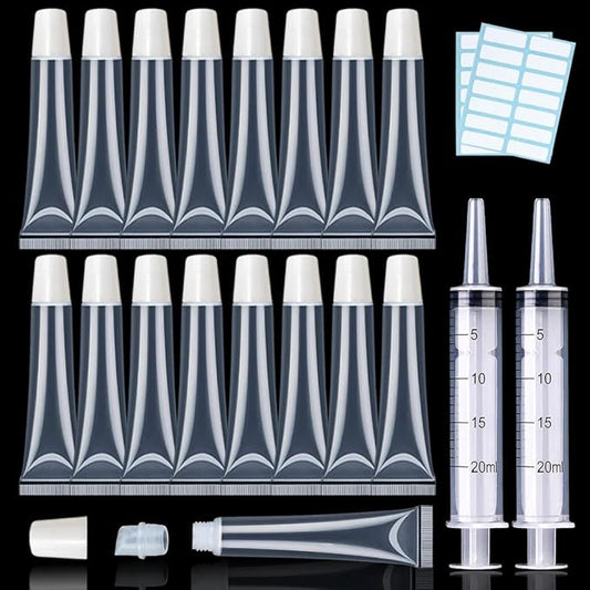 AMORIX 50PCS Lip Gloss Tubes 20ml White Cap Lip Gloss Containers Empty Refillable Cosmetic Squeeze Lipgloss Tubes + 2 x 20ml Syringes Tag Labels for DIY Lip Gloss Base Glitter