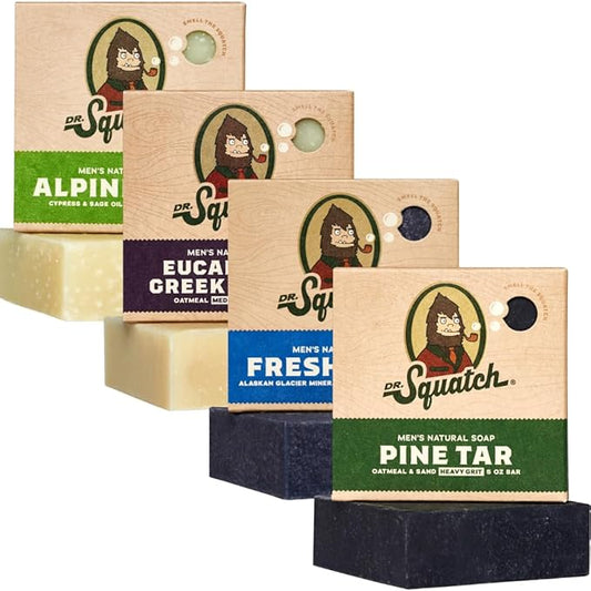 Dr. Squatch Natural Bar Soap for Men - Cold Process Soap with No Harsh Chemicals - Pine Tar, Alpine Sage, Fresh Falls & Eucalyptus Greek Yogurt (5 oz, 4-Pack)