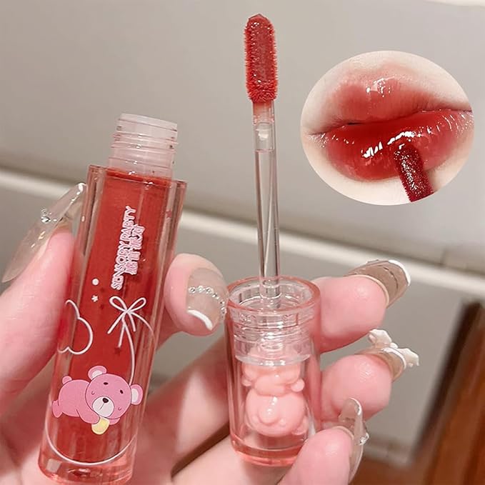 4Pcs Bear Lip Glaze Hydrating Jelly Lip Gloss,Jelly Liquid Lipstick Cute Bear Lipgloss Moisturizing Lip Stain Plumping Water Lip Gloss Waterproof Long Lasting Cheek Rouge Tint Makeup (4, A)