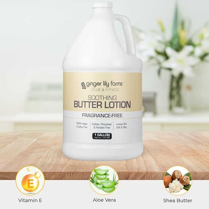 Ginger Lily Farms Club & Fitness Soothing Butter Lotion for Dry Skin, 100% Vegan & Cruelty-Free, Fragrance Free, 1 Gallon (128 fl oz) Refill (Pack of 2)