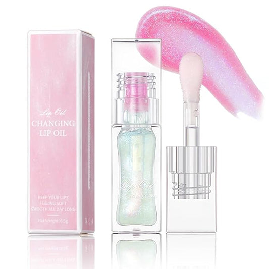 Magic Color Changing Lip Oil Ph, Glitter Lip Gloss, Upgraded Big Brush Head Moisturizing Lip Oil Long Lasting Nourishing Lip Glow Oil Non-Sticky Primer Lip Tint (# 04, 0.3 Oz)
