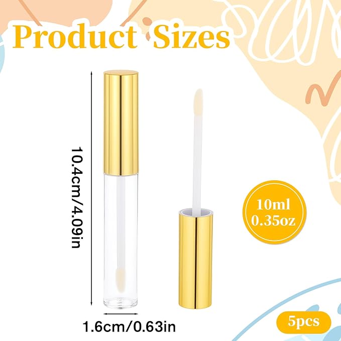 5 Pcs Empty Lip Gloss Tubes, Clear Plastic Gloss Container with Wand Refillable Lip Balm Bottle 10ml Lip Gloss Container for Lipstick Samples, Lip Balms(Gold Tube Cap)